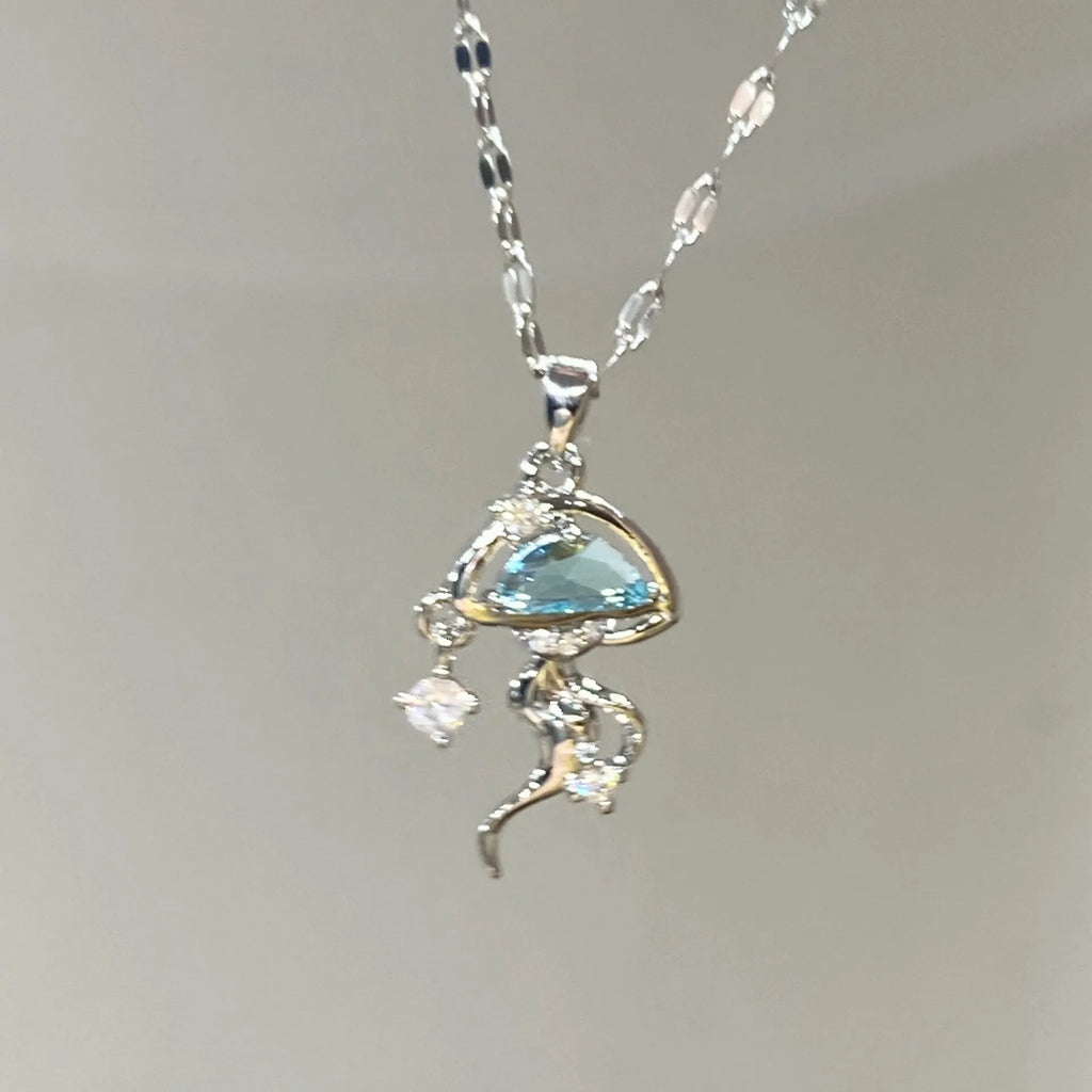 Sterling silver blue jellyfish necklace with white gold plating and adjustable chain