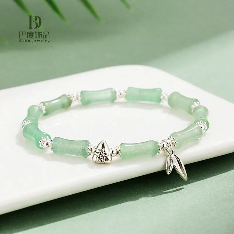 Green aventurine bamboo strawberry quartz crystal bracelet with electroplated finish and multiple stone beads