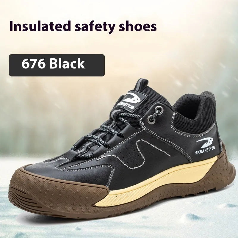 Flyknit safety work shoes in brown with leather upper and rubber sole