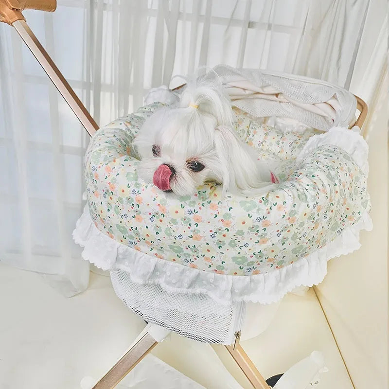 Green gray striped cotton pet stroller set showing towel, cushion, and pillow on a pet stroller seat