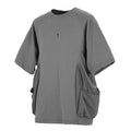 Men's loose grey cotton t-shirt with large front pockets and short sleeves