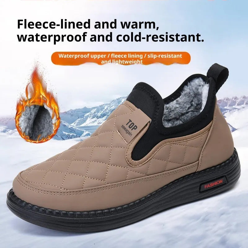 Warm waterproof casual women's shoes in black with flat heel and round toe, artificial PU upper