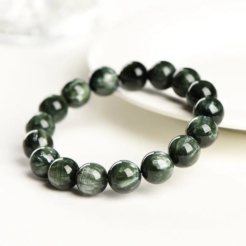 Natural green dragon crystal bracelet with round beads and traditional ruyi design elements