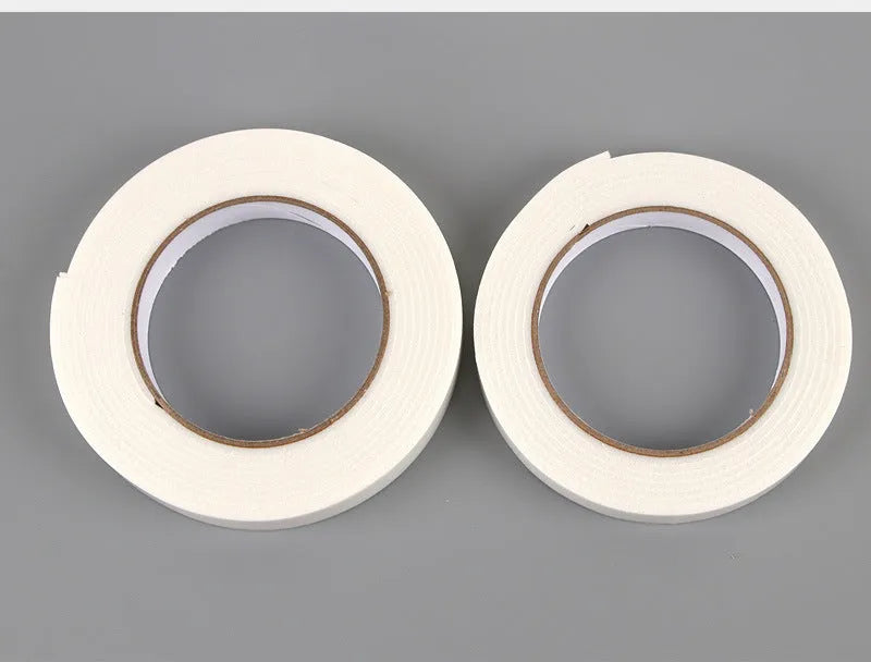 Roll of 3mm thick foam double-sided adhesive tape showing sponge core, with size options 15mm, 18mm, and 30mm wide.