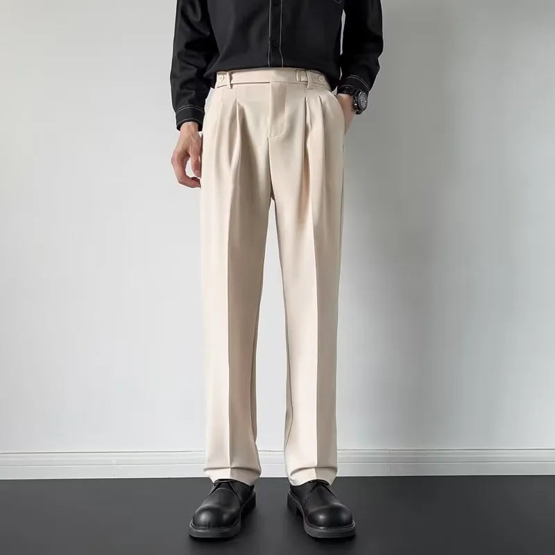 Men's straight loose trousers in apricot colour showing straight leg cut and polyester fabric