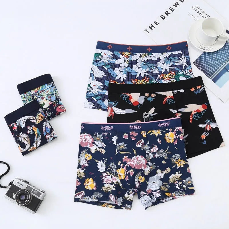 Men's purified cotton boxer shorts with floral pattern and U-shaped convex design in extended sizes