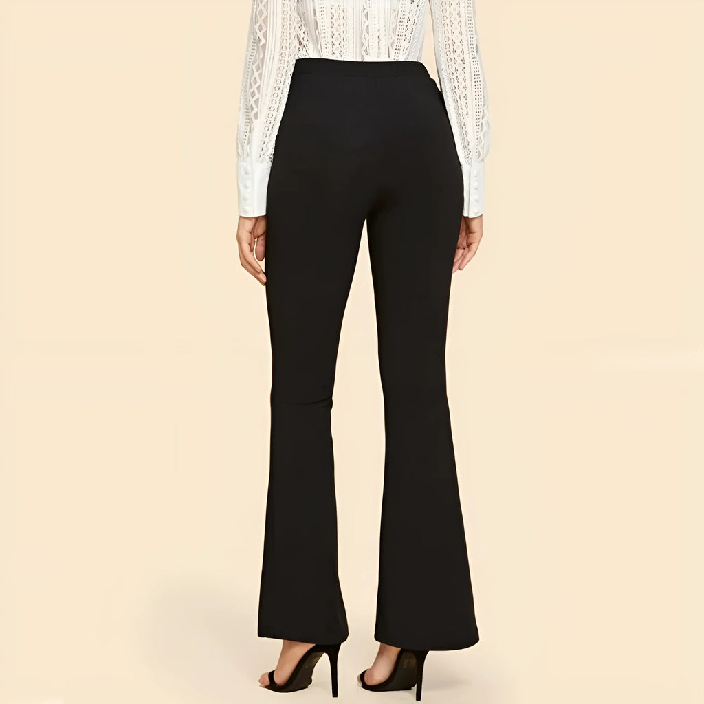 High waist black flared pants for ladies in cotton polyester blend fabric, professional style
