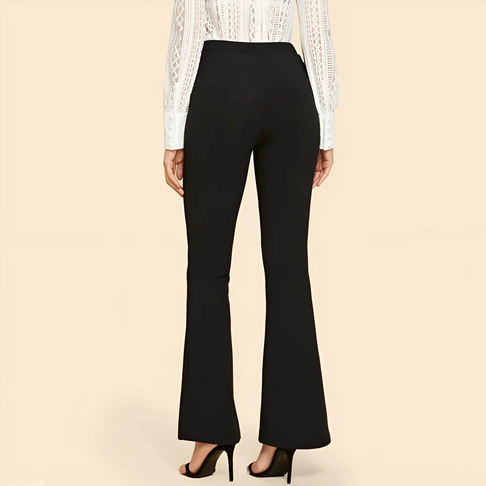 High waist black flared pants for ladies in cotton polyester blend fabric, professional style