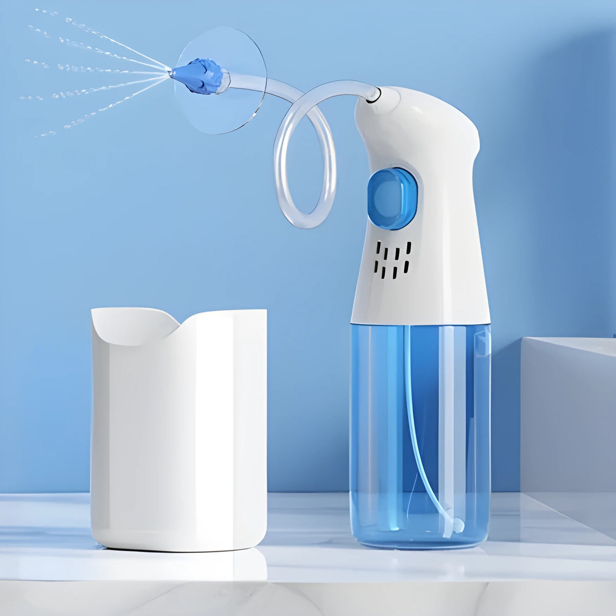 E20 Blue portable manual ear wash tool with water basin, one-hole nozzles and five-hole nozzle on host