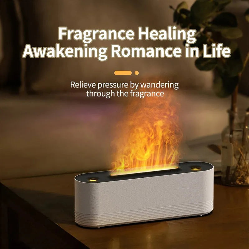 Black or white ultrasonic aroma diffuser with 7 colour LED flame lighting and cool mist output