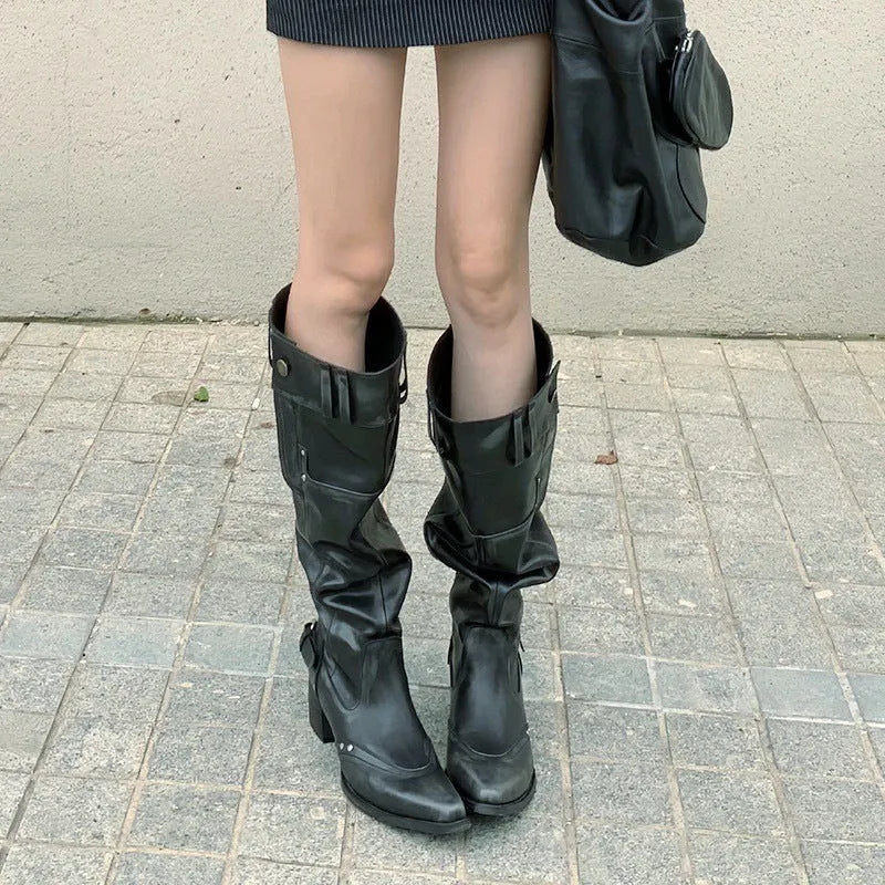 Black pointed toe chunky heel slimming pile style boots with leather lining and rubber sole