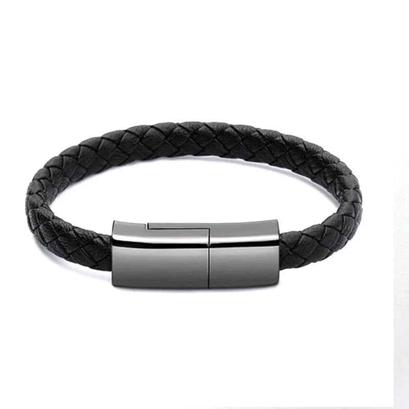 Stylish leather bracelet charging cable for iPhone, Android, and USB-C devices in various colors and sizes