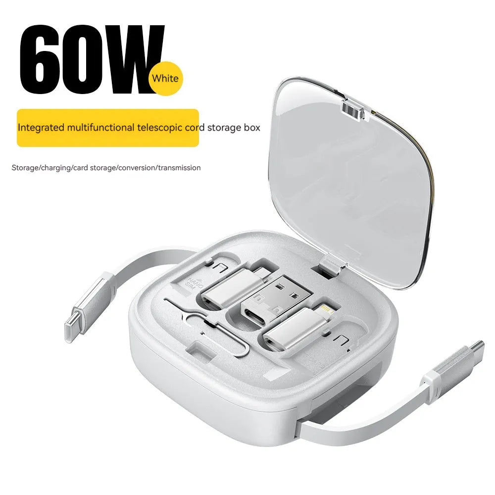 Black and white ABS PC mobile phone charging interface cable storage box with multi-function cable