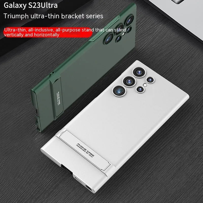 Ultra-thin frosted PC Samsung S23 phone case with fold-out bracket in Cool Black