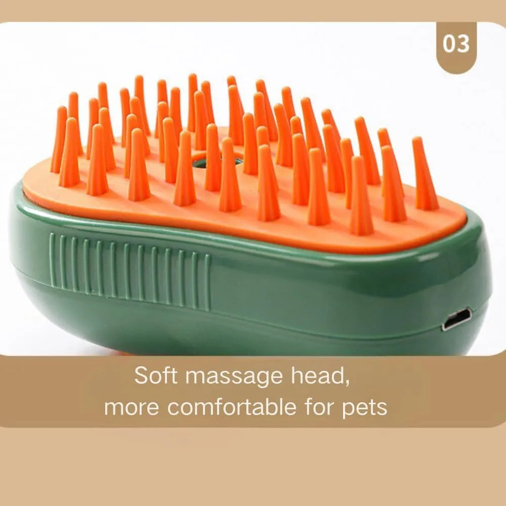 Green and white cat steam brush with silicone teeth, water spray function and compact design