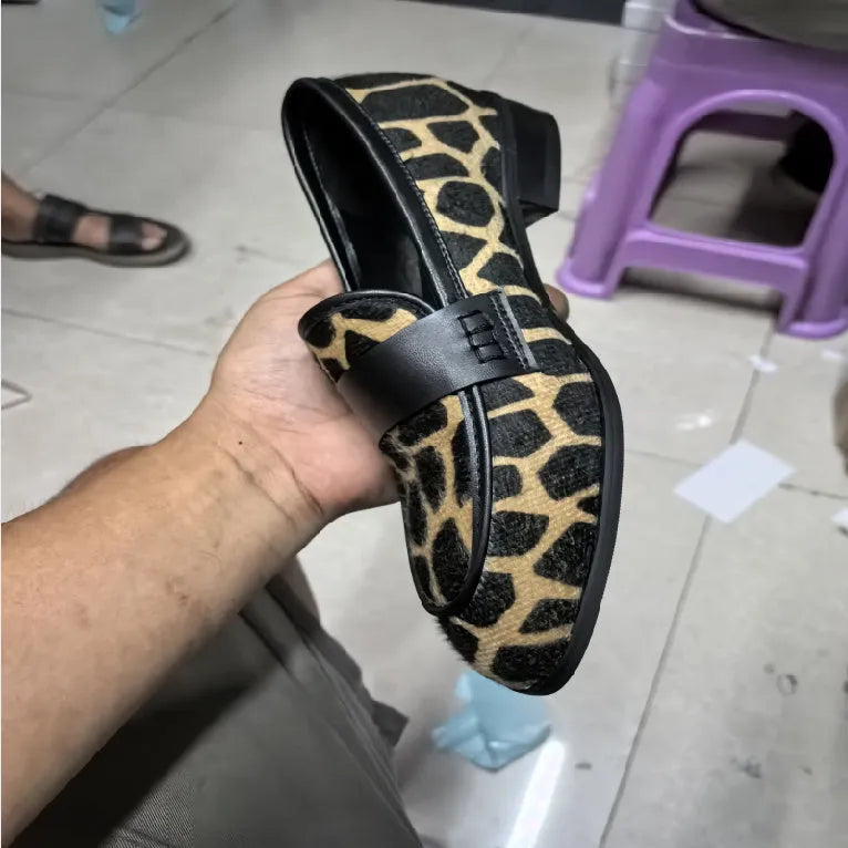 Women's apricot giraffe pattern suede flat loafers with rubber sole, low heel, and round toe