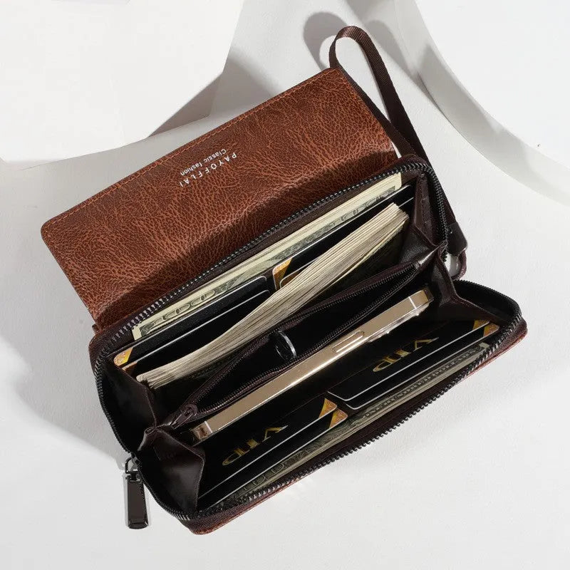 Men's black or brown PU long wallet with multiple card slots measuring 19x10.5x4cm