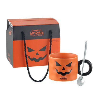 Festive Halloween pumpkin-shaped ceramic mugs in orange and white colors