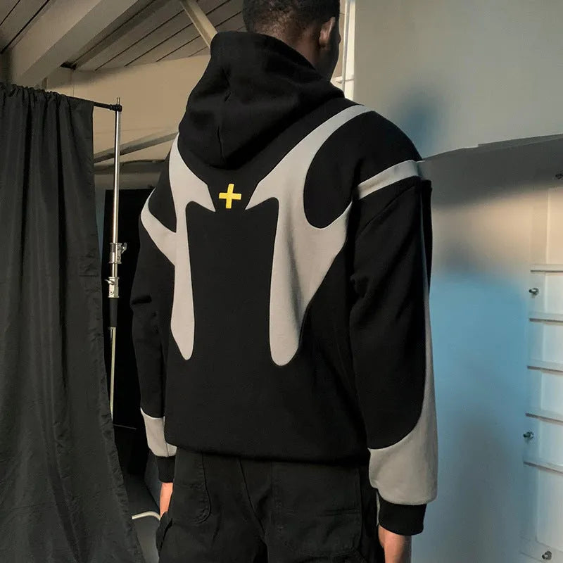 Geometric pattern stitching hooded cardigan zipper sweater in polyester black