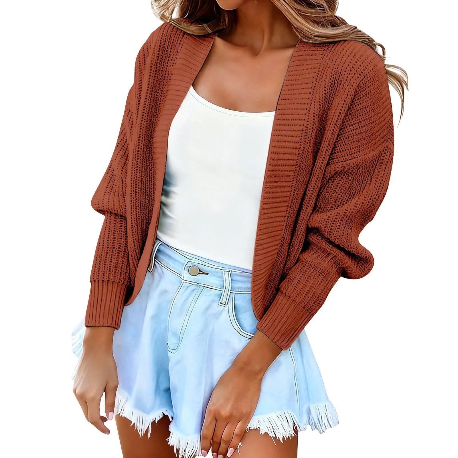 Women's solid colour knitted cardigan in camel with long sleeves and open front cape style