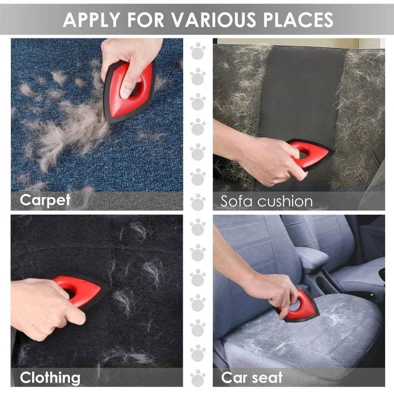 Silicone pet hair remover brush with scraper head and non-slip handle for cleaning fur from carpets and sofas