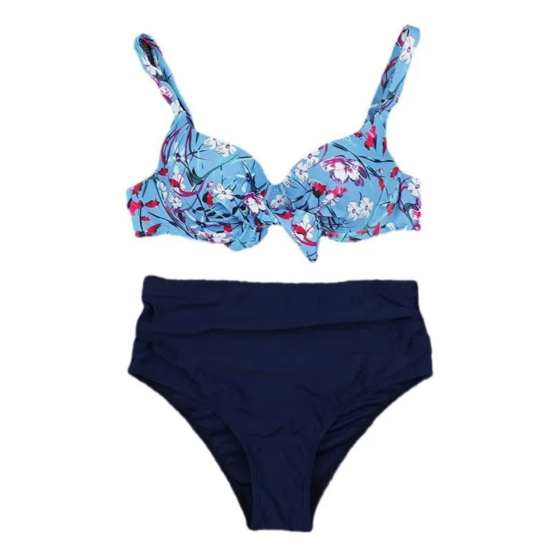 Women's high-waist split bikini set in solid colour with floral print, black or army green, sizes S-XL