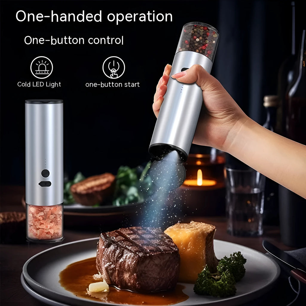 USB rechargeable electric salt and pepper grinder with LED light and clear glass jar