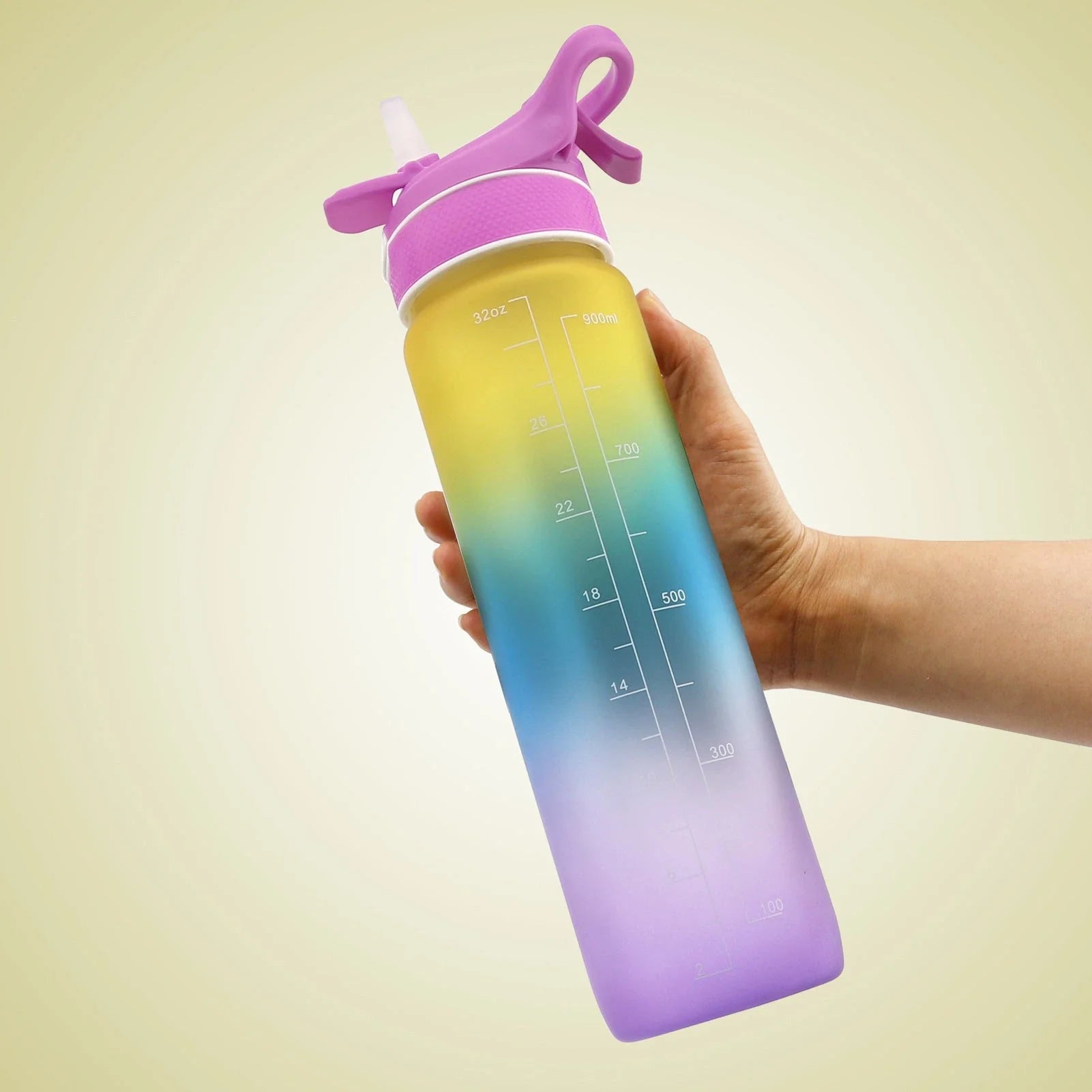 Premium reusable water bottle with one-touch open design, built-in sprayer, and personalized hydration tracking