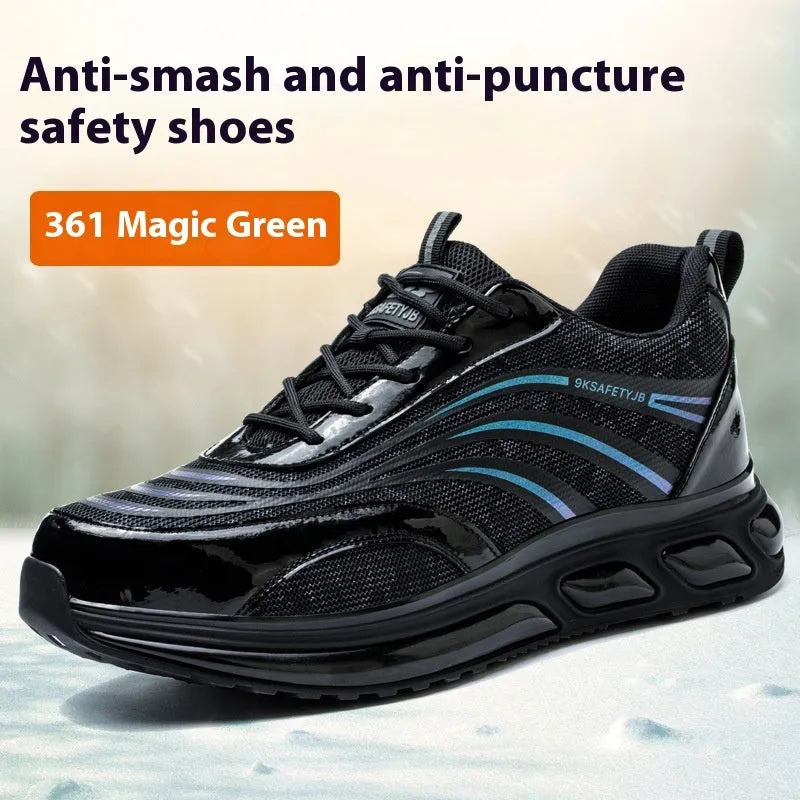 Lightweight labour protection safety shoes in orange, grey, green or yellow colours with leather upper and rubber sole