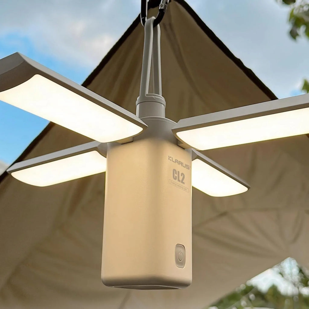 Outdoor rechargeable campsite LED lamp in white or green with USB charging cable