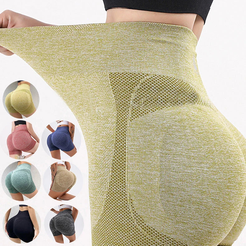 Butt-lifting seamless yoga shorts for women in various colors and sizes, featuring a unique design for a flattering, confidence-boosting fit.