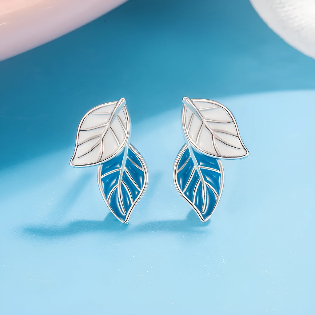 Leaf-shaped stud earrings for women in copper with white gold plating, geometric design, one pair