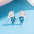 Leaf-shaped stud earrings for women in copper with white gold plating, geometric design, one pair
