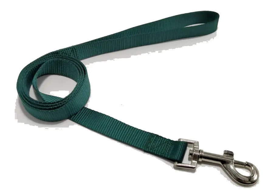 Solid colour polyester dog lead showing four width options and multiple colour choices on a 120cm rope.