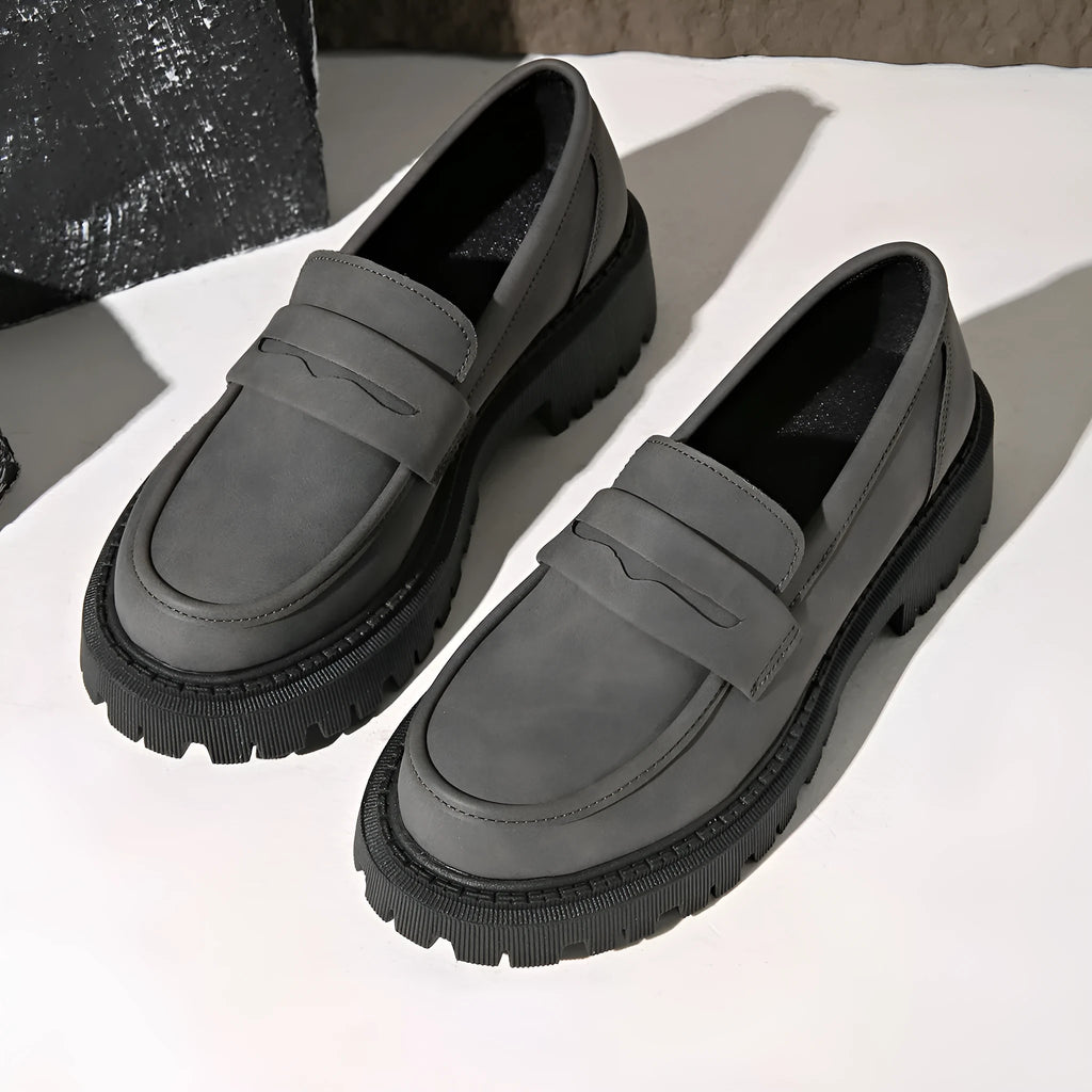 Grey low heel slip-on loafers with metal thick heel and waterproof platform, mid heel 3-5cm, side view