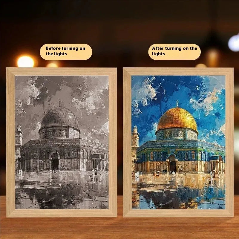 Modern rectangular handmade picture frame with illuminated spiritual artwork, showing USB cable.