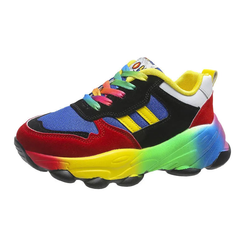 Women's thick sole front lace-up sneakers in colour block green and blue with round toe and rubber sole