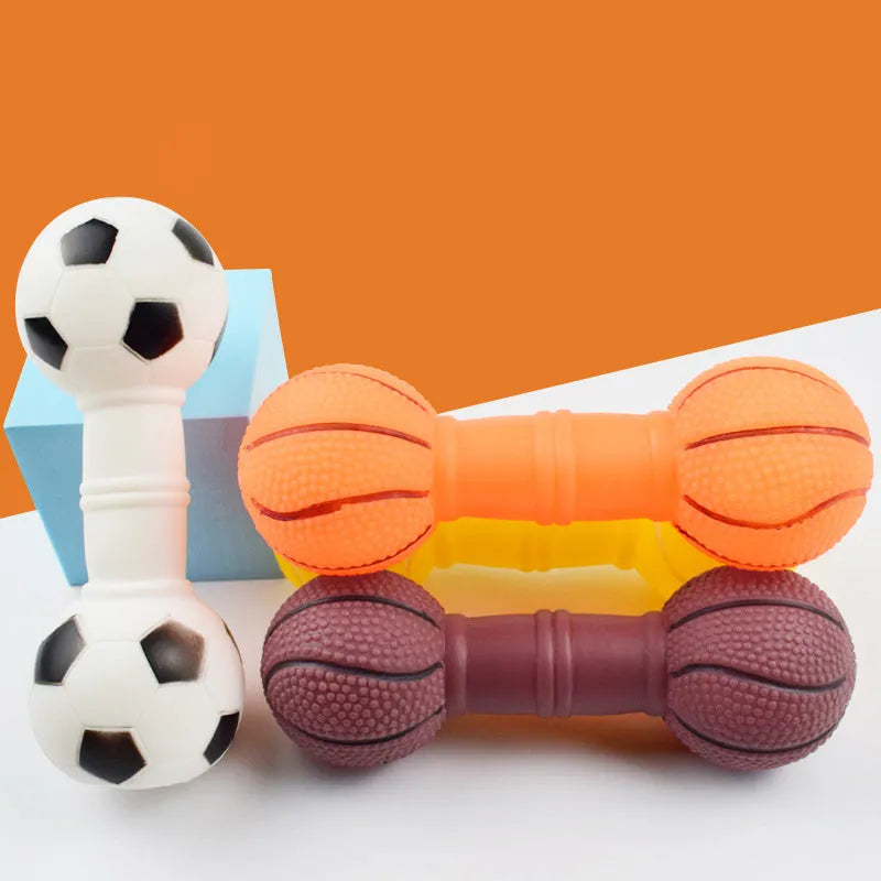 Brown, orange, white, and yellow coloured PVC football dumbbell shaped dog squeaky chew toy.