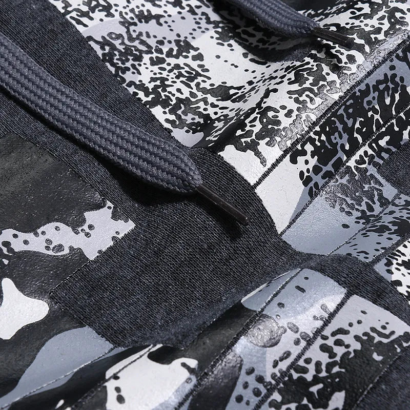 Men's long sleeve camouflage print hooded sweatshirt in black, light grey, or dark grey with raglan sleeves, sizes M to XXL