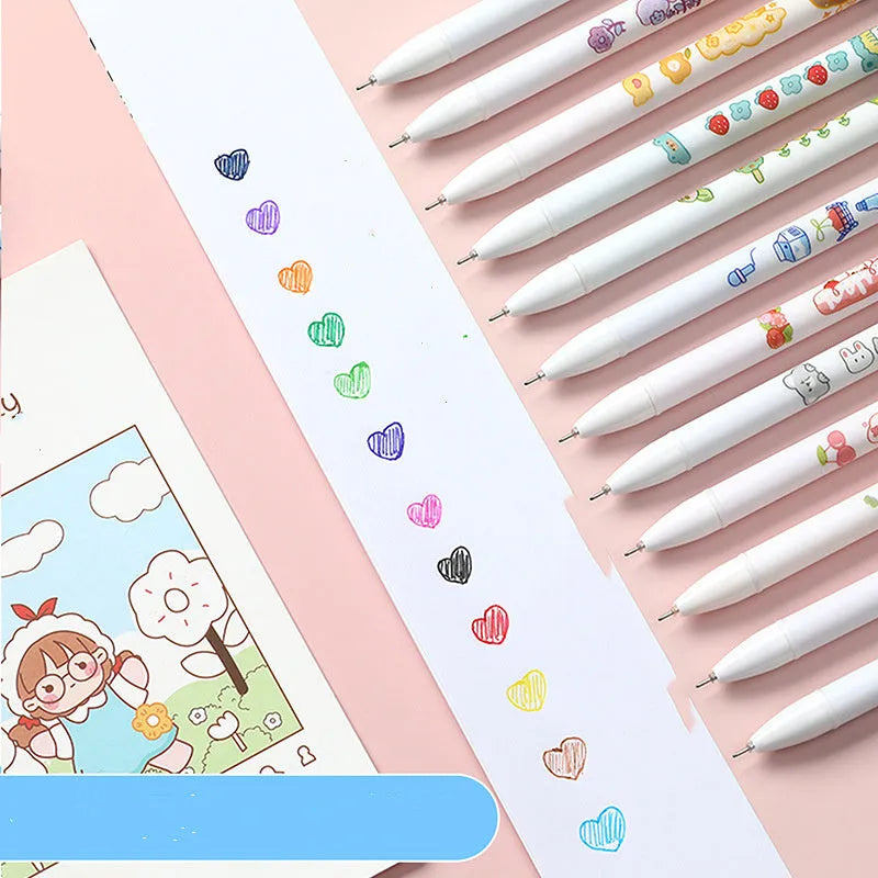 12-colour cartoon gel pen set with 0.5mm fine tips in a plastic body