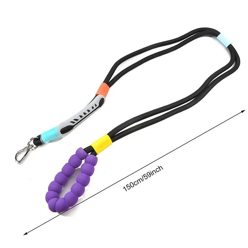 Nylon dog traction leash with a black foam handle on a coloured rope.