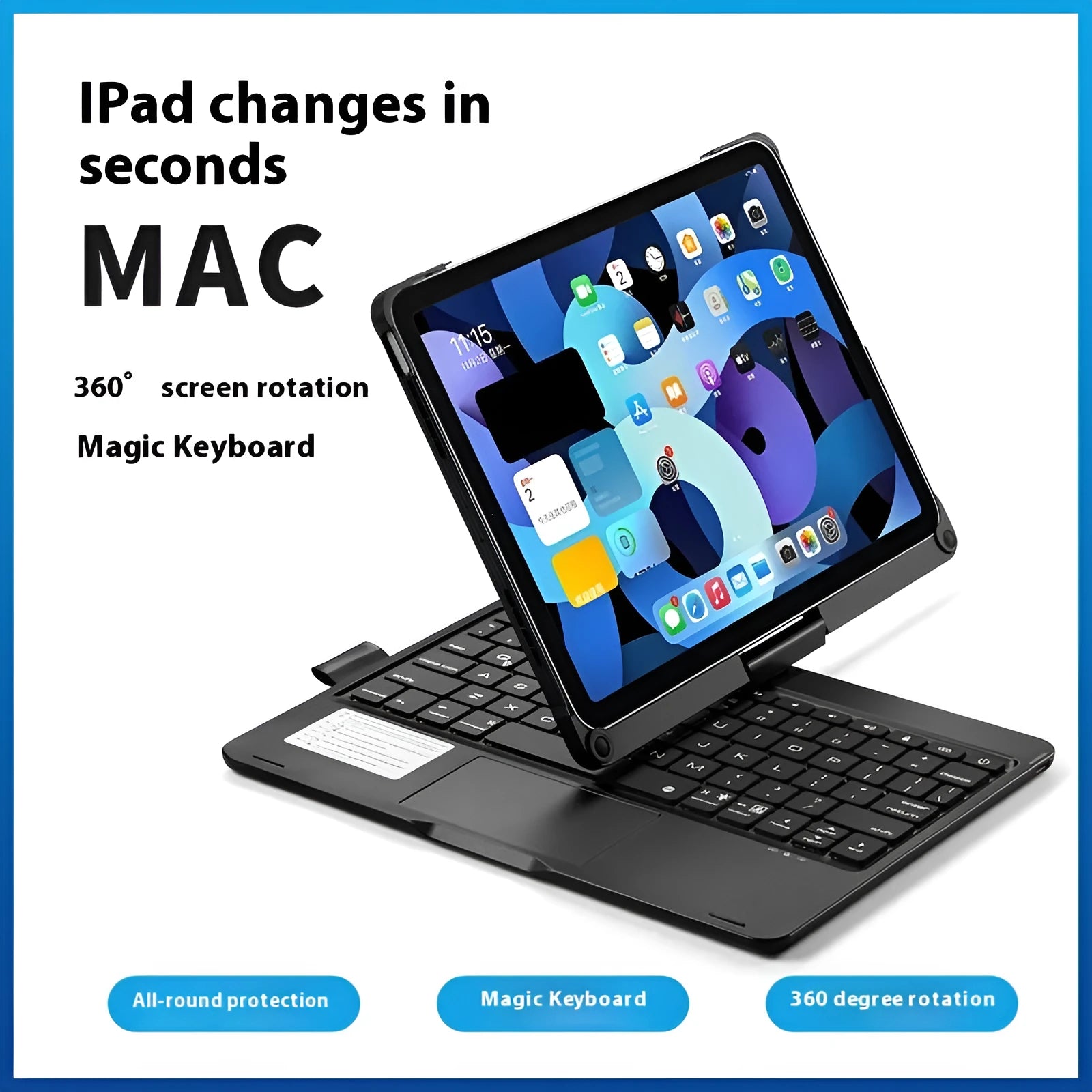 Miaocontrol rotating Bluetooth keyboard for iPad in rose gold, silver, or black showing 360-degree adjustment