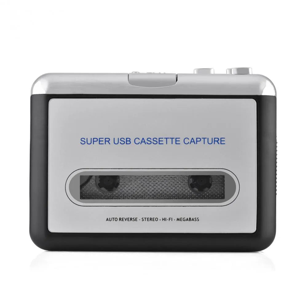 Silver USB cassette to MP3 converter unit with USB cable on a white background.