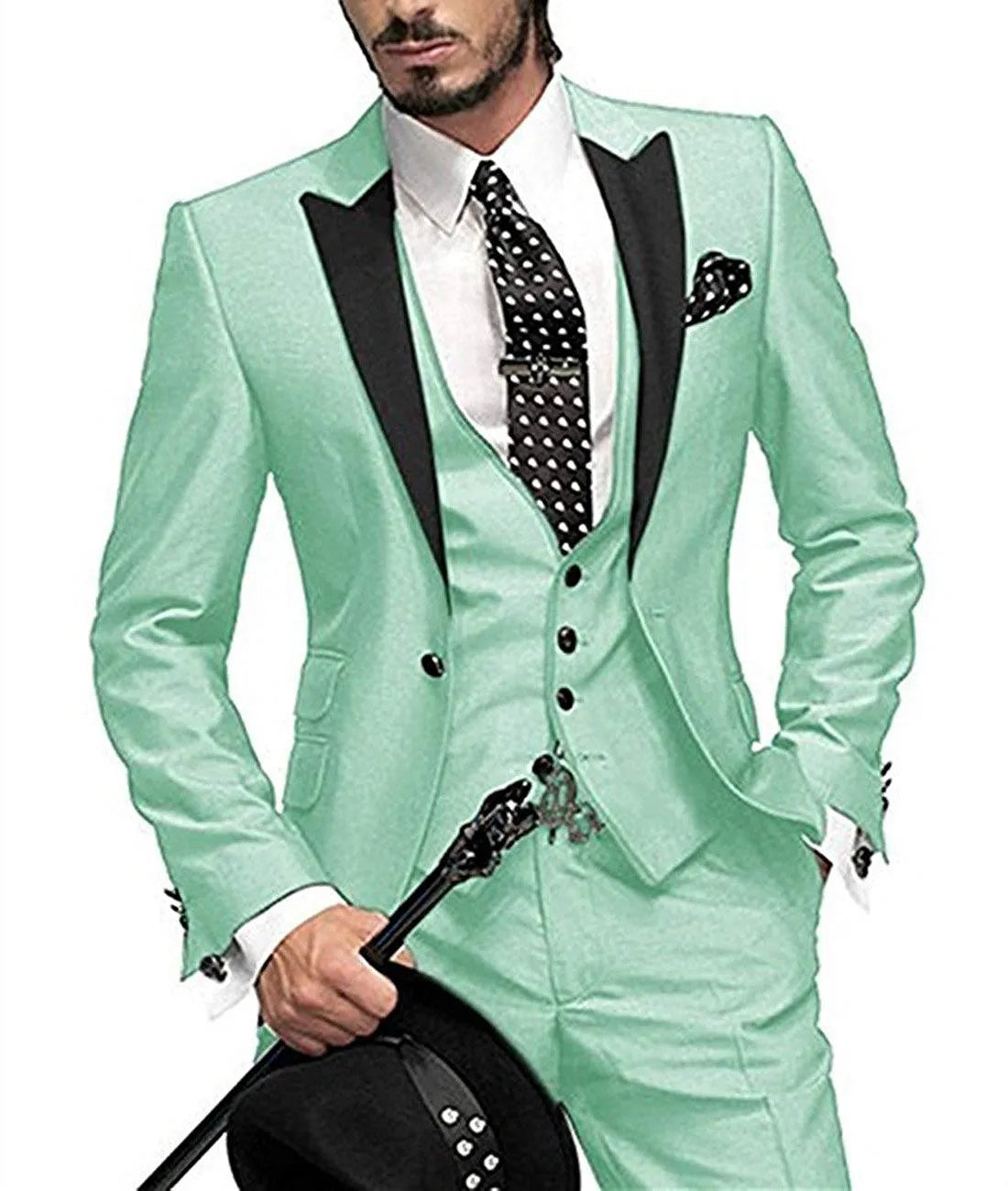 Men's three-piece slim fit wool serge suit in navy blue, shown as jacket, trousers, and waistcoat on a model