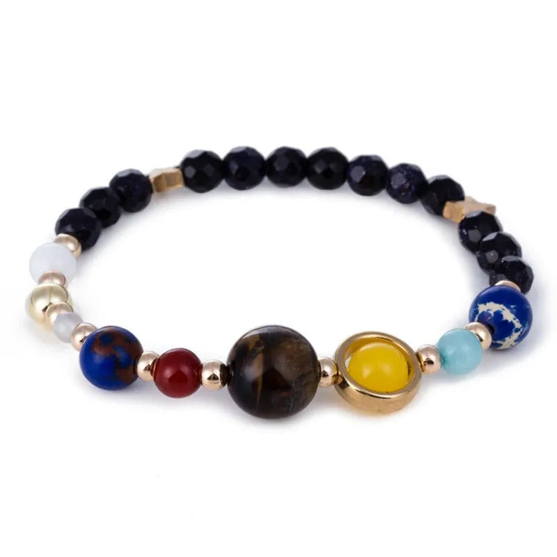 Eight planets natural stone bead bracelet with lapis lazuli, aquamarine, labradorite, tiger eye and red agate on wax rope or elastic string.
