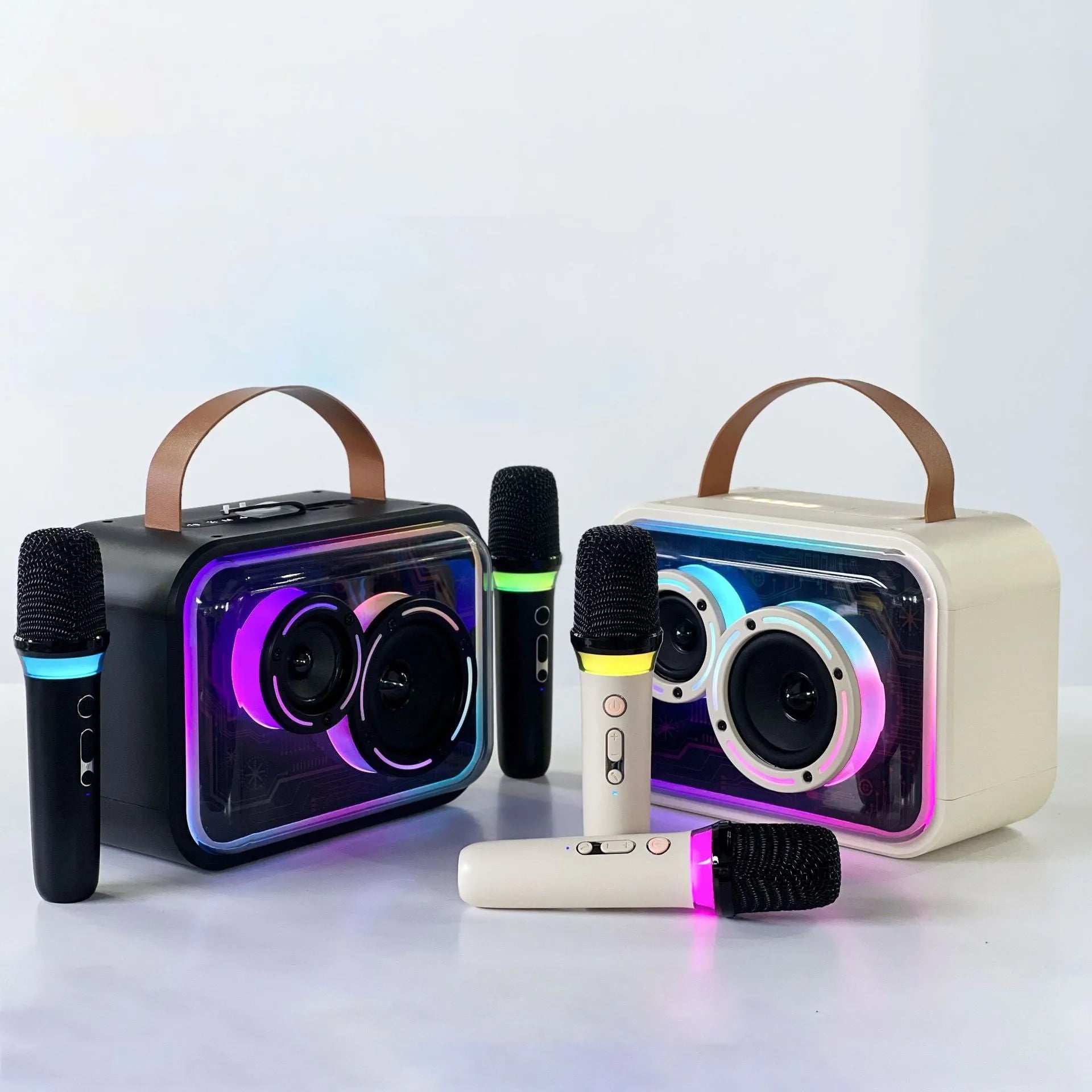Light yellow and black portable Bluetooth karaoke speaker with RGB lights and microphone.