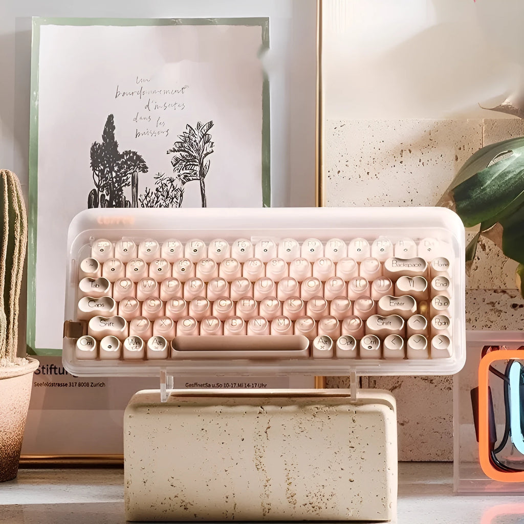 Wireless mechanical keyboard set with calculator, mouse, and desk light on office desk