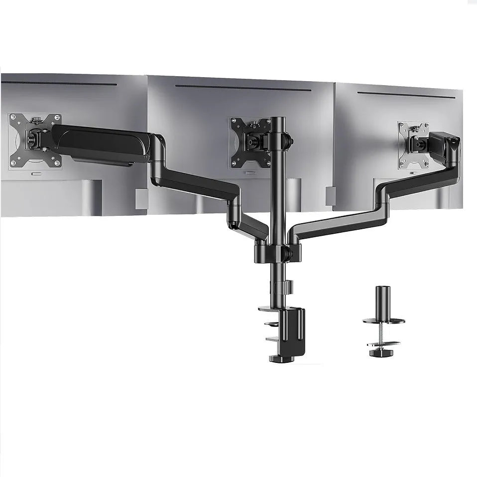 Black three-arm gas spring monitor mounting arm for computer screens up to 27 inches.