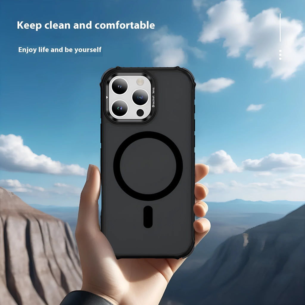 Magnetic skin-feel anti-fall phone case for iPhone 14 Pro, black, with airbag corners and slim profile