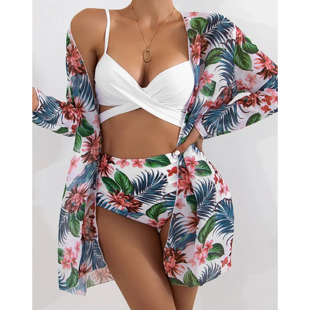 Three-piece mesh split bikini set for women in five colour options, sizes S-XL, nylon spandex fabric
